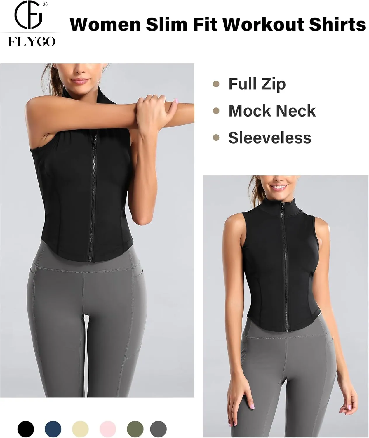 Flygo Women's Full Zip Sleeveless Workout Yoga Active Jacket Vest Golf Shirts