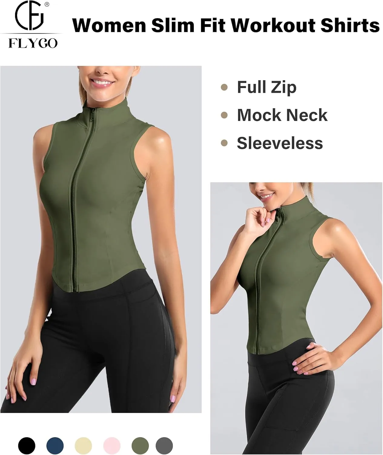 Flygo Women's Full Zip Sleeveless Workout Yoga Active Jacket Vest Golf Shirts
