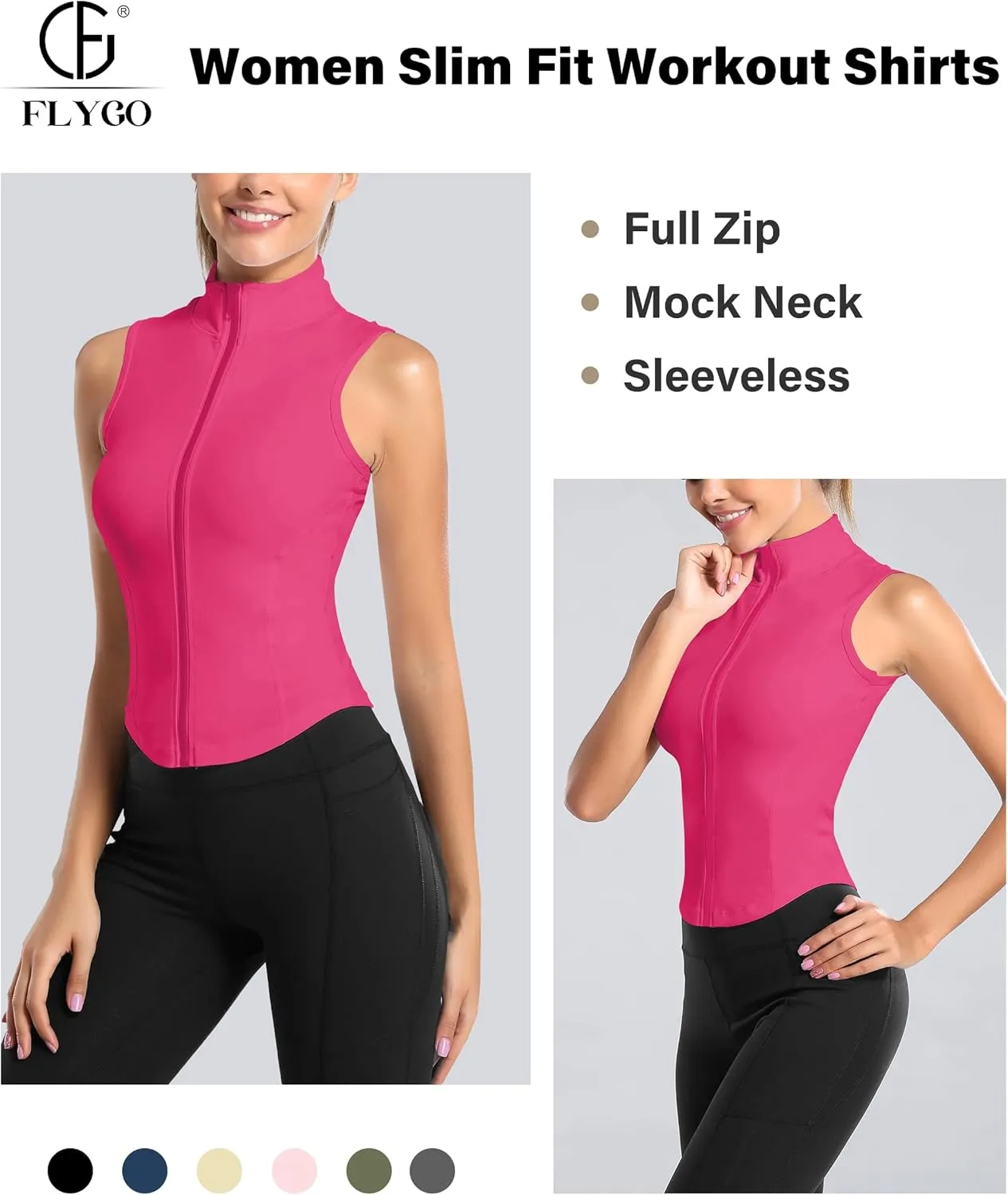 Flygo Women's Full Zip Sleeveless Workout Yoga Active Jacket Vest Golf Shirts