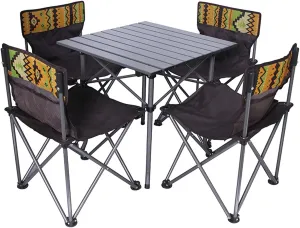 Foldable Portable Camping Table and Chairs Full Set Weighs Only 16.5 Ibs Includes 1 Folding Picnic Table and 4 Camping Lounge Armchairs Holds up to 260 lbs (Color : Black)