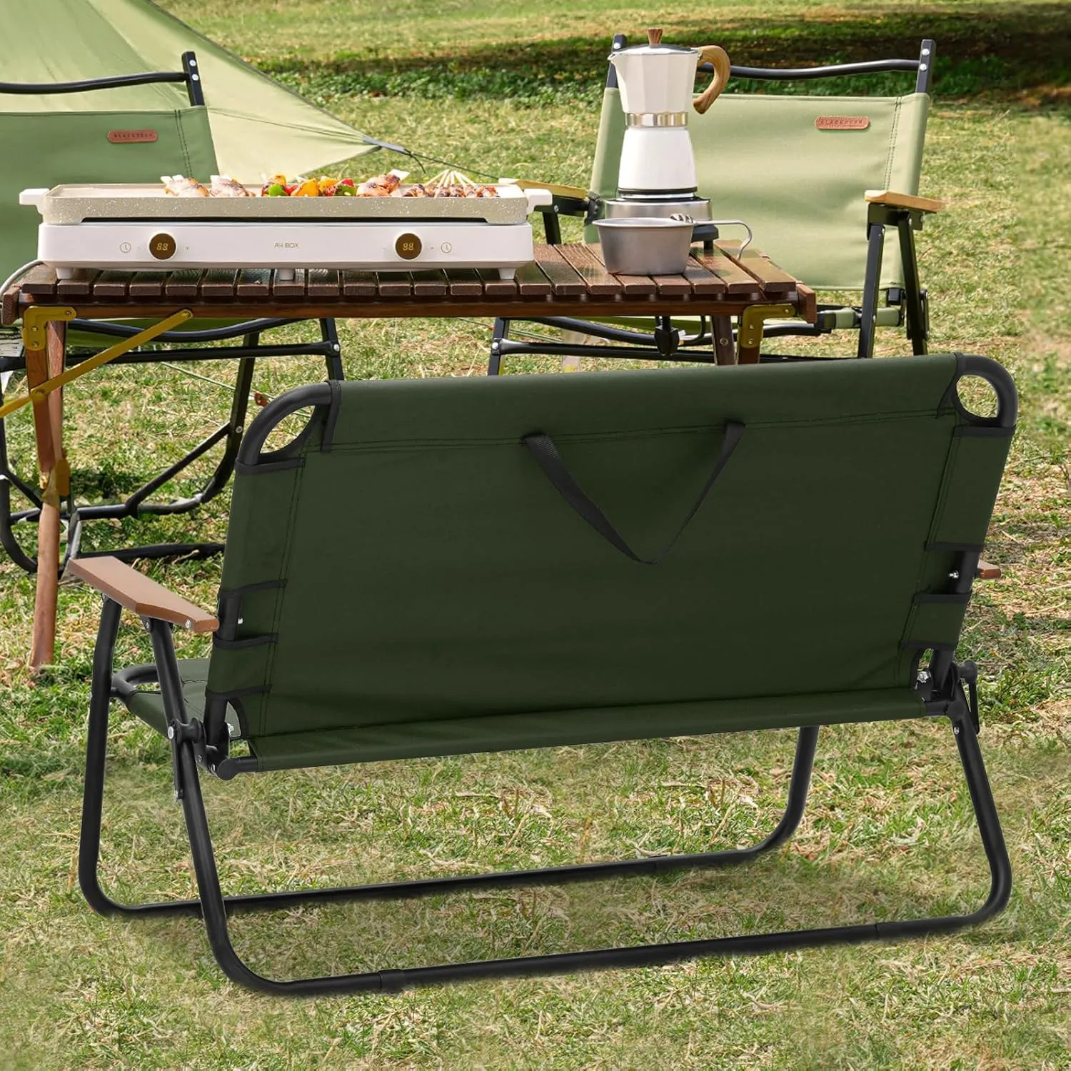 Folding Double Camping Chair 2 Person Loveseat Outdoor Portable Camp Dining Seat (Dark Green)