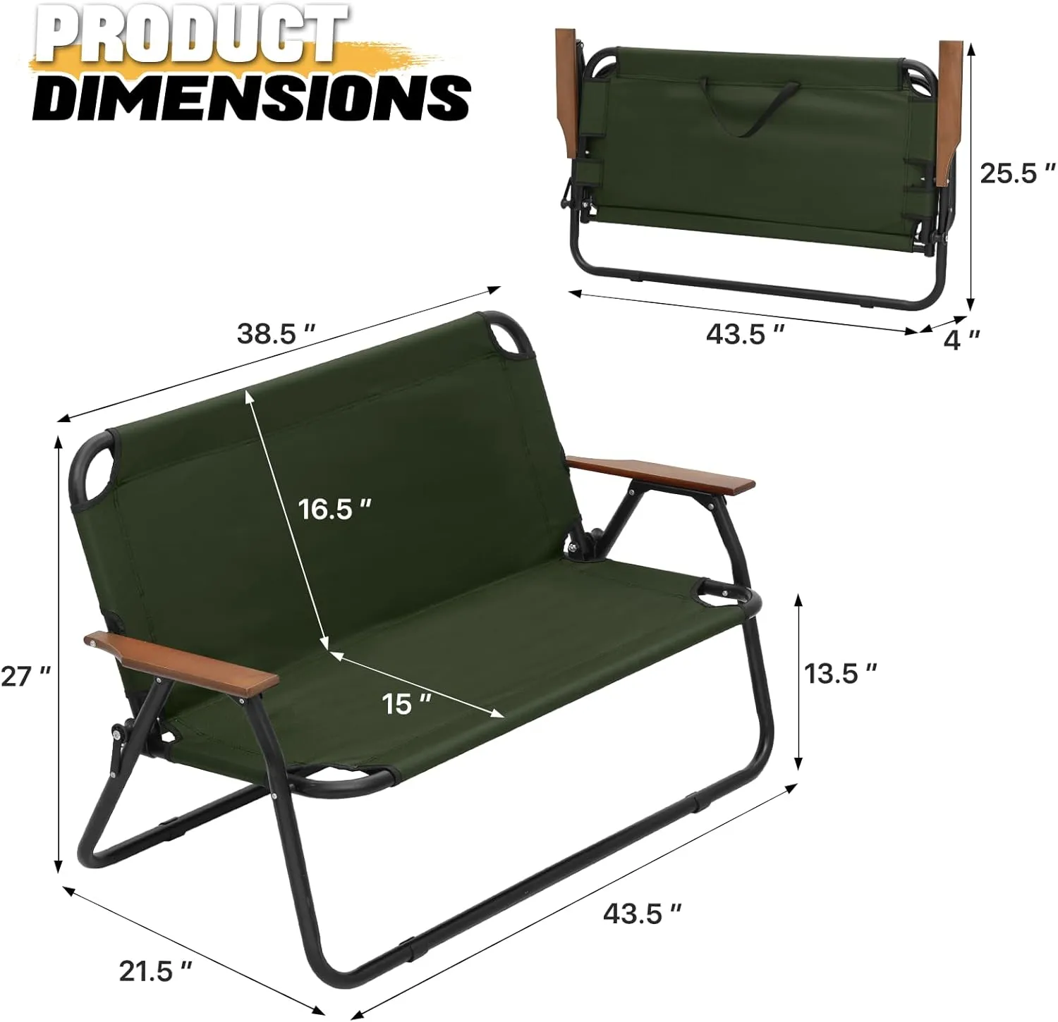 Folding Double Camping Chair 2 Person Loveseat Outdoor Portable Camp Dining Seat (Dark Green)