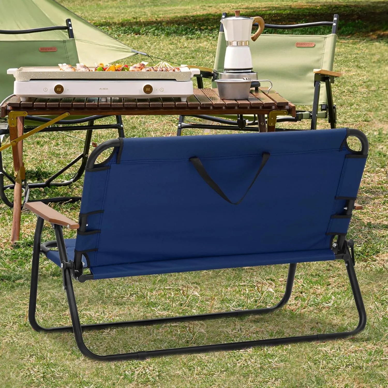 Folding Double Camping Chair 2 Person Loveseat Outdoor Portable Camp Dining Seat (Navy Blue)