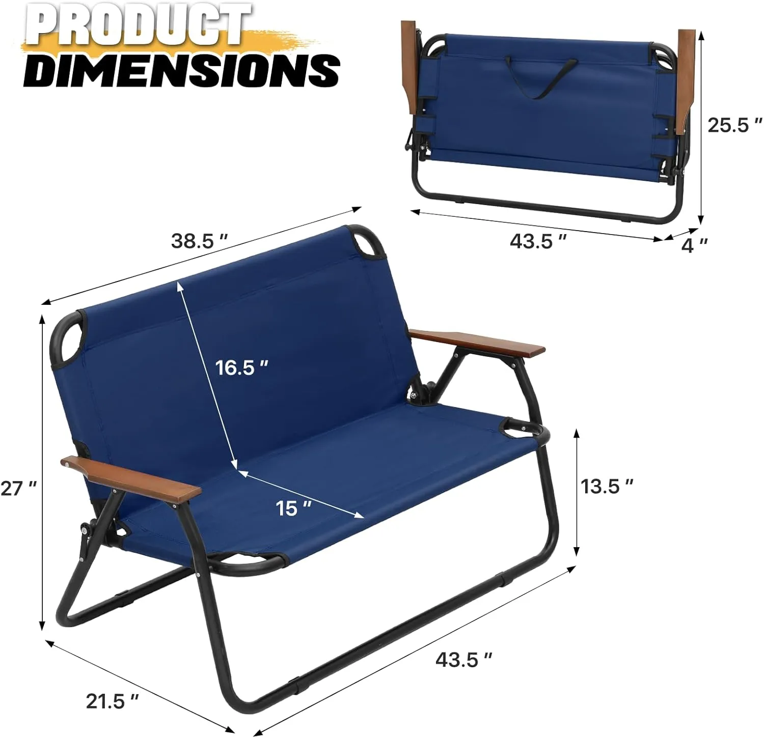 Folding Double Camping Chair 2 Person Loveseat Outdoor Portable Camp Dining Seat (Navy Blue)