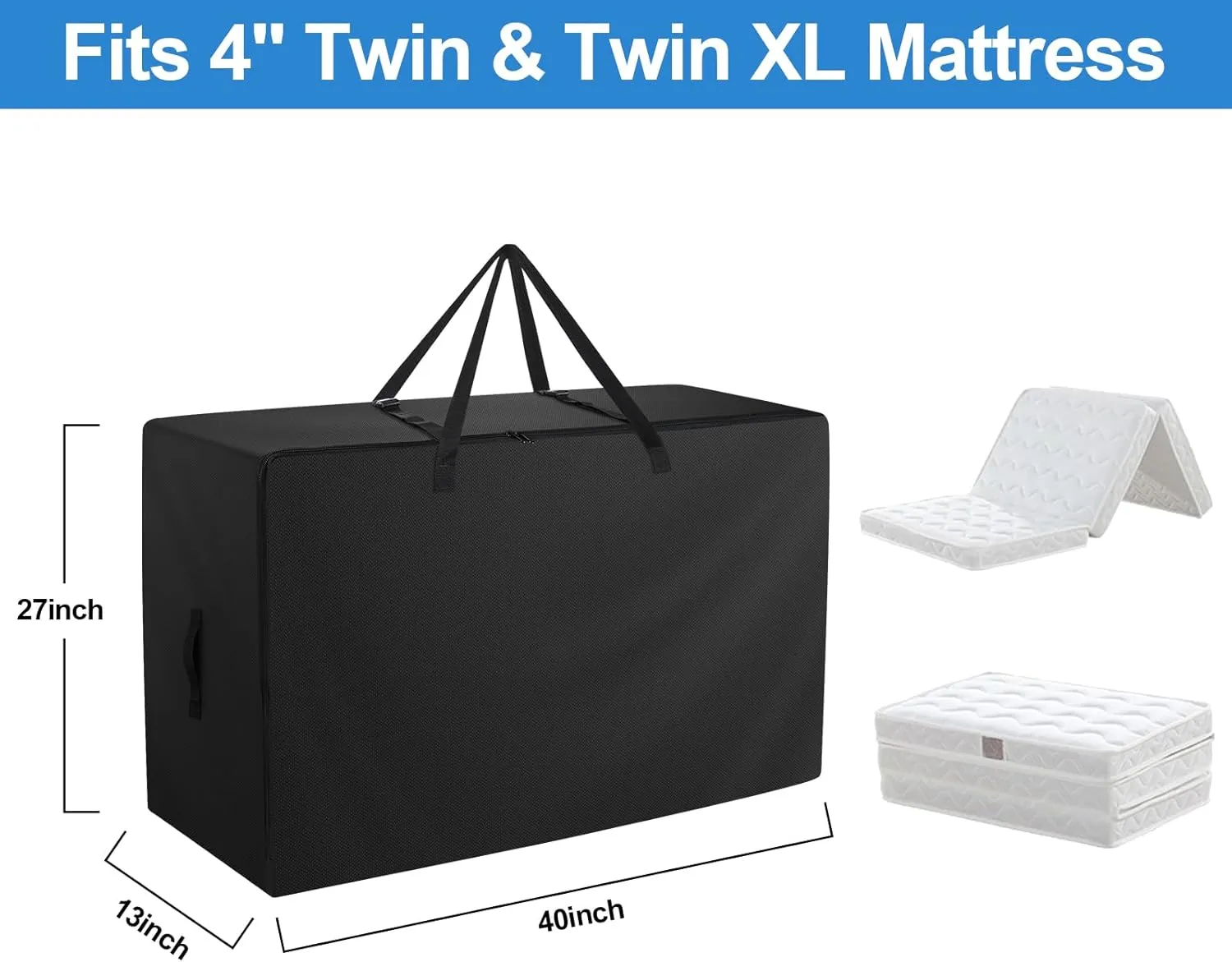 Folding Mattress Bag - 600D Oxford Cloth Heavy Duty Carry Case for Tri-Fold Guest Bed Mattress (Fits 4" Twin & Twin XL Mattress, Black)