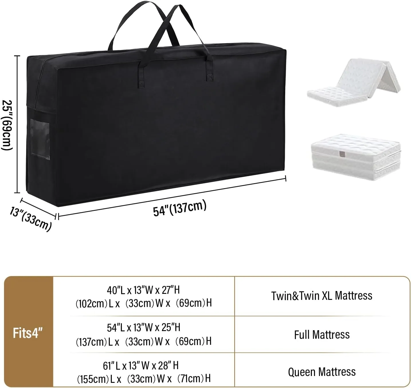 Folding Mattress Storage Bag, Carry Case for Trifold Memory Foam Mattress, Convenient Moving and Travel Storage (Fits4”Full Mattress, Black)
