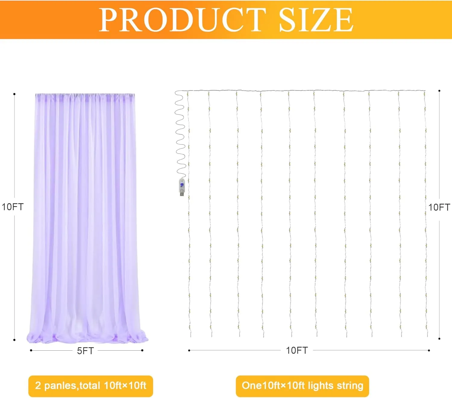 Fomcet Lavender Tulle Backdrop Curtains with Lights String 10FT X 10FT Sheer Curtain with Lights Tulle Curtains Backdrop for Wedding Birthday Party Photo Shoot (2 Panels 5x10FT)