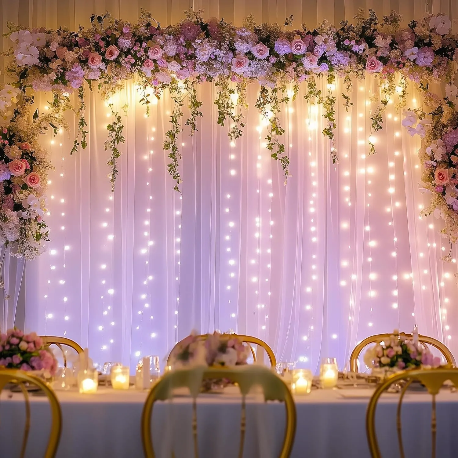 Fomcet Lavender Tulle Backdrop Curtains with Lights String 10FT X 10FT Sheer Curtain with Lights Tulle Curtains Backdrop for Wedding Birthday Party Photo Shoot (2 Panels 5x10FT)