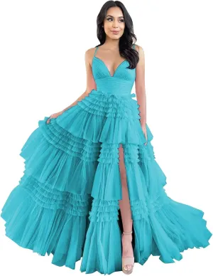 ForElise Tulle Prom Dresses for Teens 2025 Ruffle Tiered Spaghetti Strap Long Ball Gown with Slit