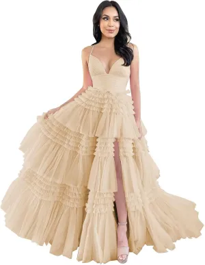 ForElise Tulle Prom Dresses for Teens 2025 Ruffle Tiered Spaghetti Strap Long Ball Gown with Slit