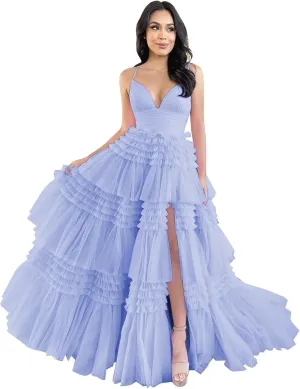 ForElise Tulle Prom Dresses for Teens 2025 Ruffle Tiered Spaghetti Strap Long Ball Gown with Slit