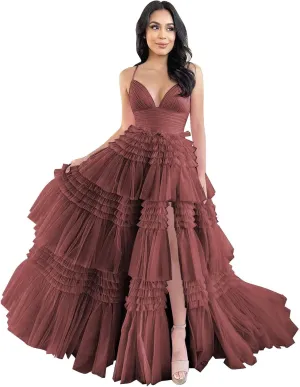 ForElise Tulle Prom Dresses for Teens 2025 Ruffle Tiered Spaghetti Strap Long Ball Gown with Slit