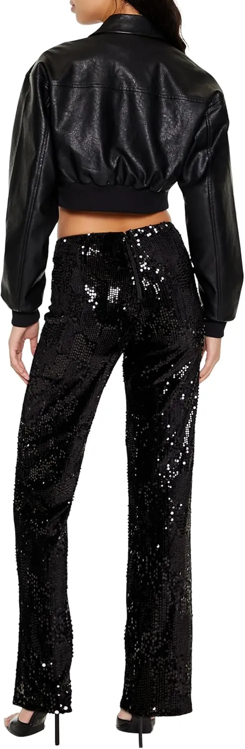 Forever 21 womens Sequin High-rise Straight Pants