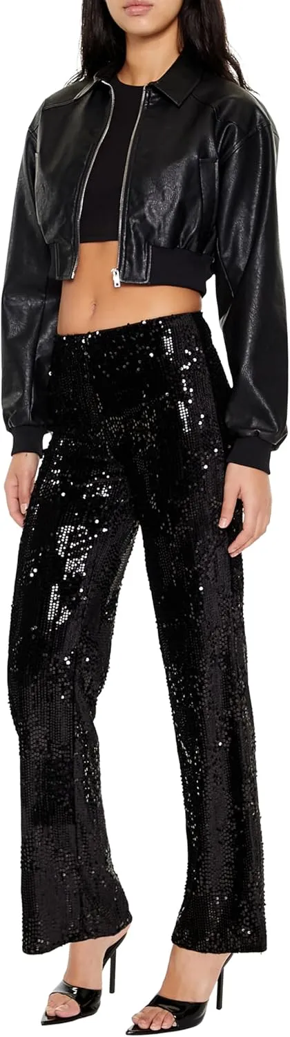 Forever 21 womens Sequin High-rise Straight Pants