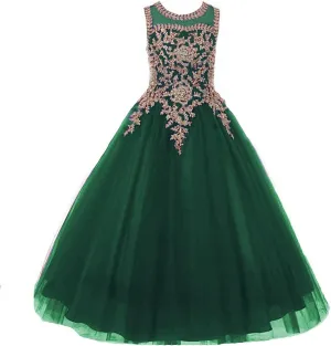 Formal Little Girls Long Pageant Dresses Prom Ball Gown Gold Lace Burgundy Tulle