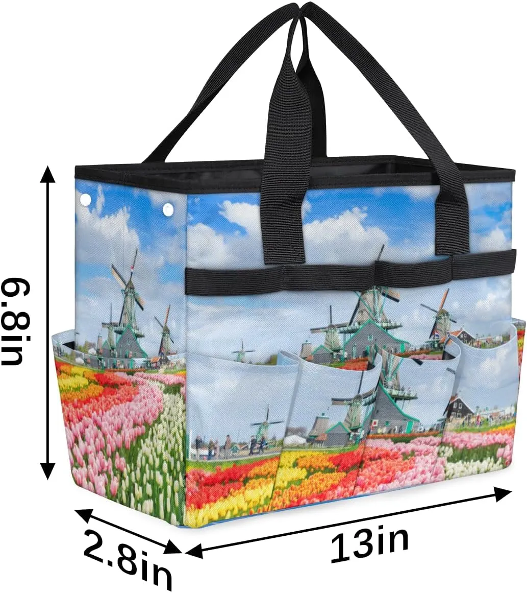 Garden Tool Tote Bag for Women Men Tulips Windmills Gardening Tool Storage Bags with 10 Pockets Standable Garden Home Tool Kits Organizer for Indoor Outdoor Gardening Gifts