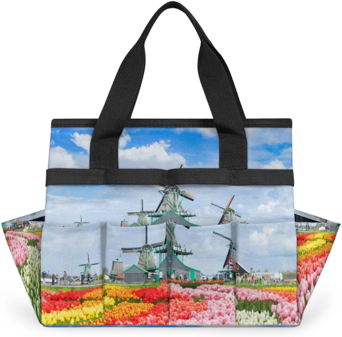 Garden Tool Tote Bag for Women Men Tulips Windmills Gardening Tool Storage Bags with 10 Pockets Standable Garden Home Tool Kits Organizer for Indoor Outdoor Gardening Gifts