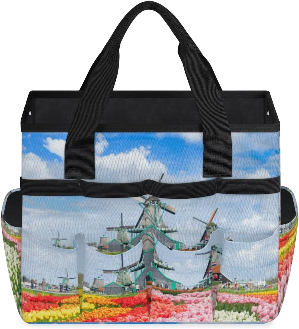 Garden Tool Tote Bag for Women Men Tulips Windmills Gardening Tool Storage Bags with 10 Pockets Standable Garden Home Tool Kits Organizer for Indoor Outdoor Gardening Gifts