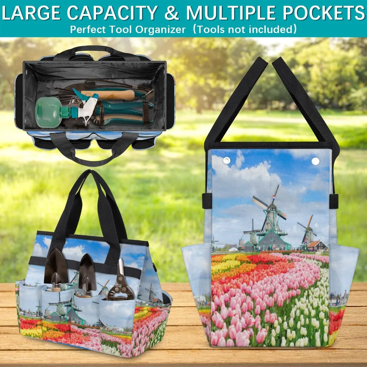 Garden Tool Tote Bag for Women Men Tulips Windmills Gardening Tool Storage Bags with 10 Pockets Standable Garden Home Tool Kits Organizer for Indoor Outdoor Gardening Gifts
