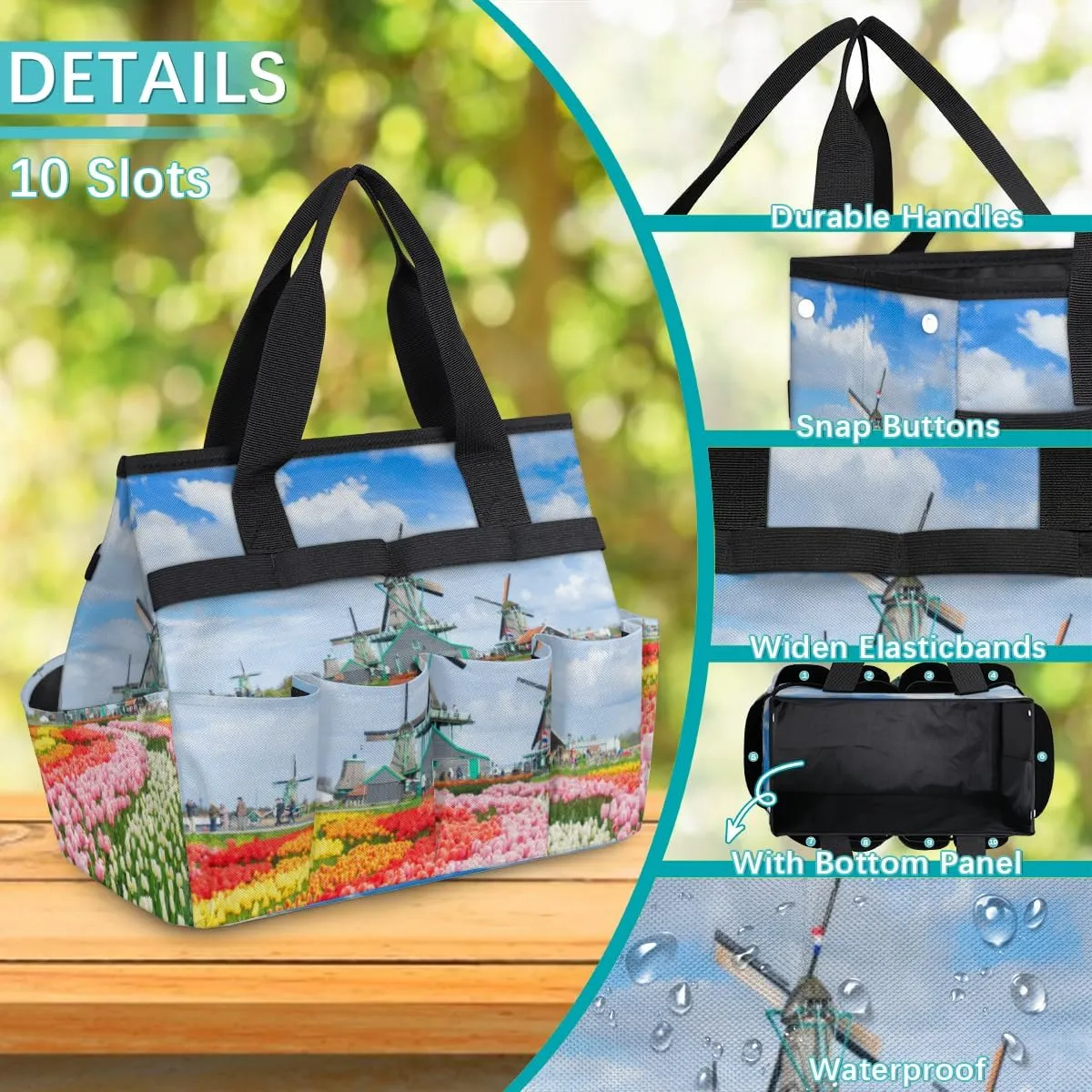 Garden Tool Tote Bag for Women Men Tulips Windmills Gardening Tool Storage Bags with 10 Pockets Standable Garden Home Tool Kits Organizer for Indoor Outdoor Gardening Gifts