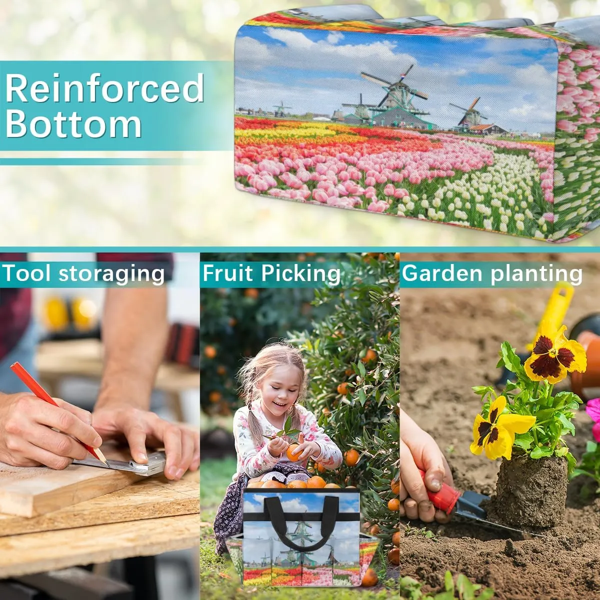 Garden Tool Tote Bag for Women Men Tulips Windmills Gardening Tool Storage Bags with 10 Pockets Standable Garden Home Tool Kits Organizer for Indoor Outdoor Gardening Gifts