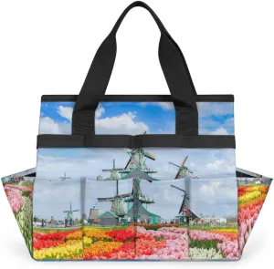 Garden Tool Tote Bag for Women Men Tulips Windmills Gardening Tool Storage Bags with 10 Pockets Standable Garden Home Tool Kits Organizer for Indoor Outdoor Gardening Gifts