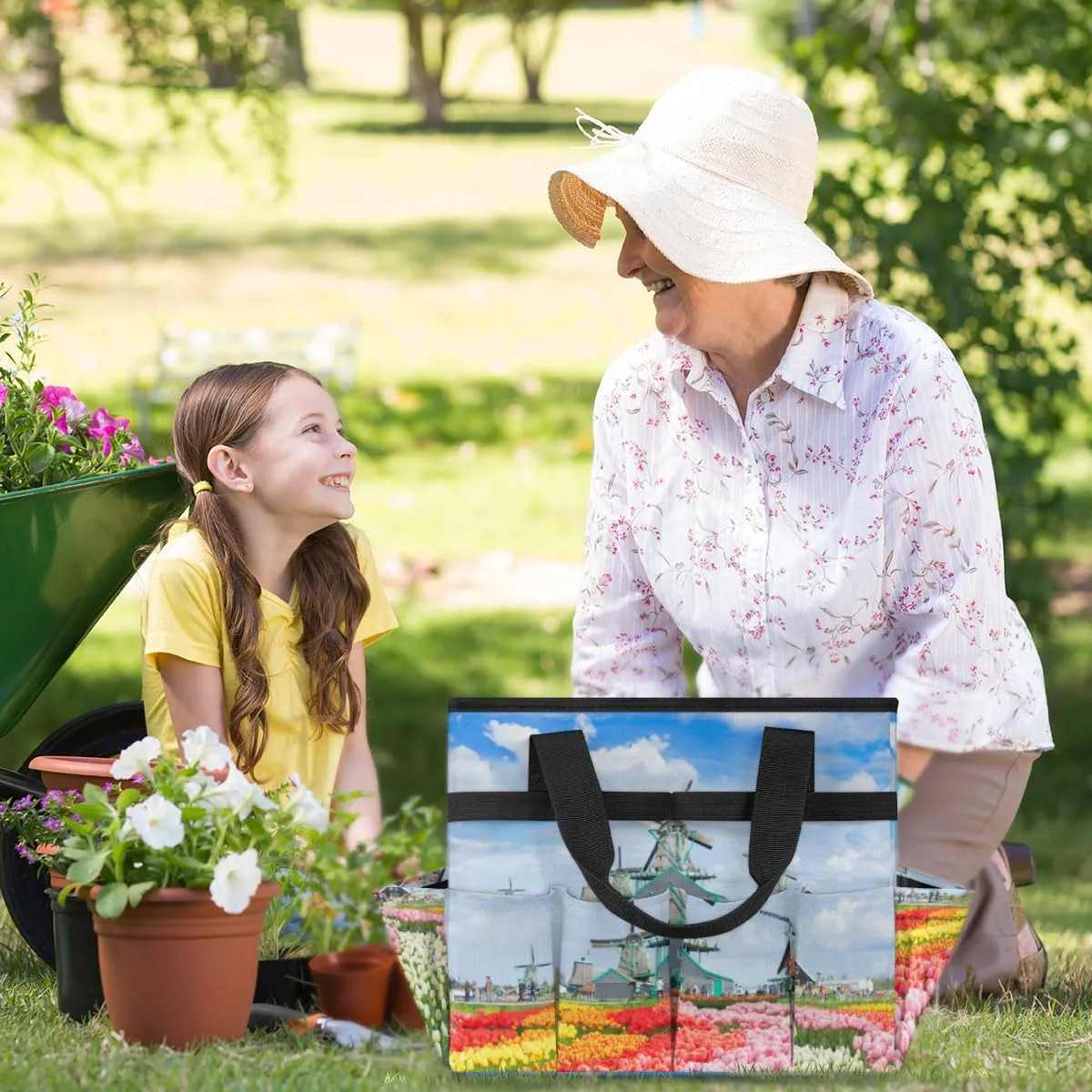 Garden Tool Tote Bag for Women Men Tulips Windmills Gardening Tool Storage Bags with 10 Pockets Standable Garden Home Tool Kits Organizer for Indoor Outdoor Gardening Gifts