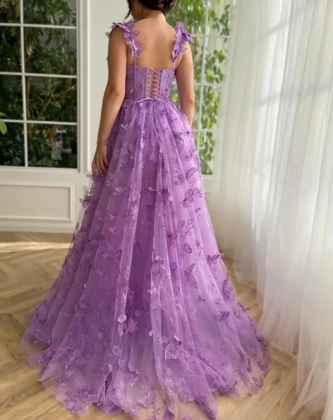 GARDOM 3D Butterfly Tulle Prom Dresses with Slit Fairy Ball Gown Lace Appliques Evening Formal Party Dress with Pockets Long