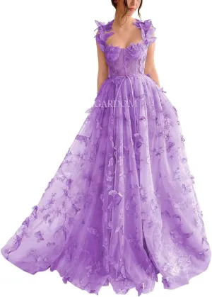 GARDOM 3D Butterfly Tulle Prom Dresses with Slit Fairy Ball Gown Lace Appliques Evening Formal Party Dress with Pockets Long