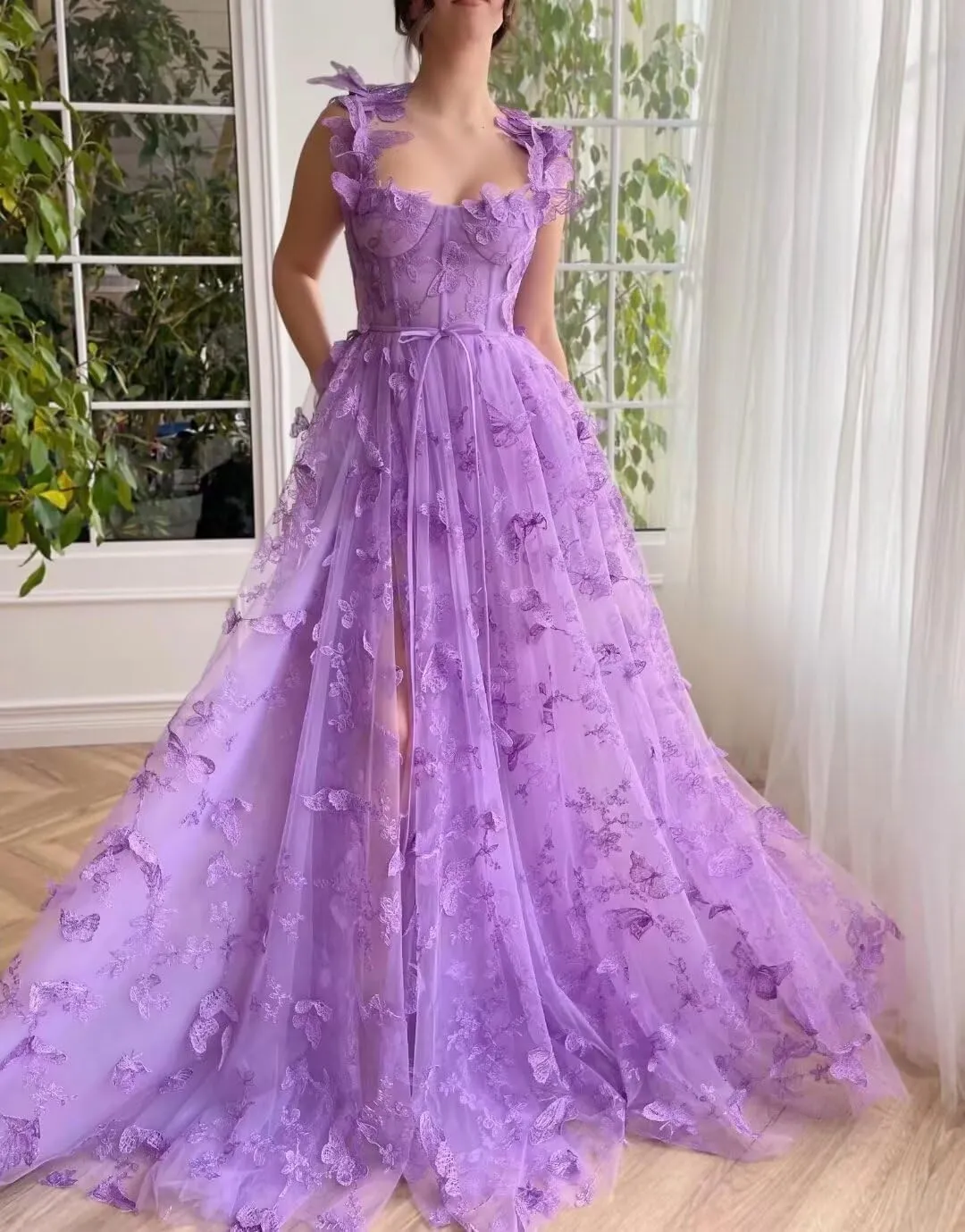 GARDOM 3D Butterfly Tulle Prom Dresses with Slit Fairy Ball Gown Lace Appliques Evening Formal Party Dress with Pockets Long