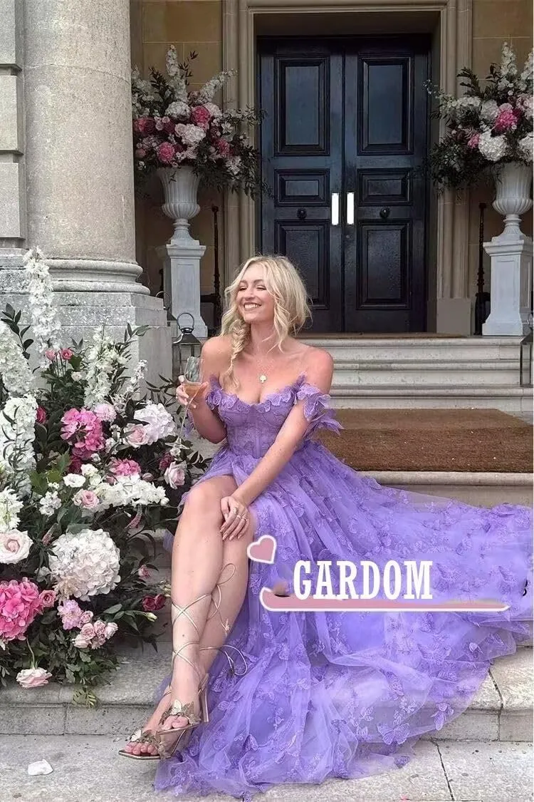 GARDOM 3D Butterfly Tulle Prom Dresses with Slit Fairy Ball Gown Lace Appliques Evening Formal Party Dress with Pockets Long