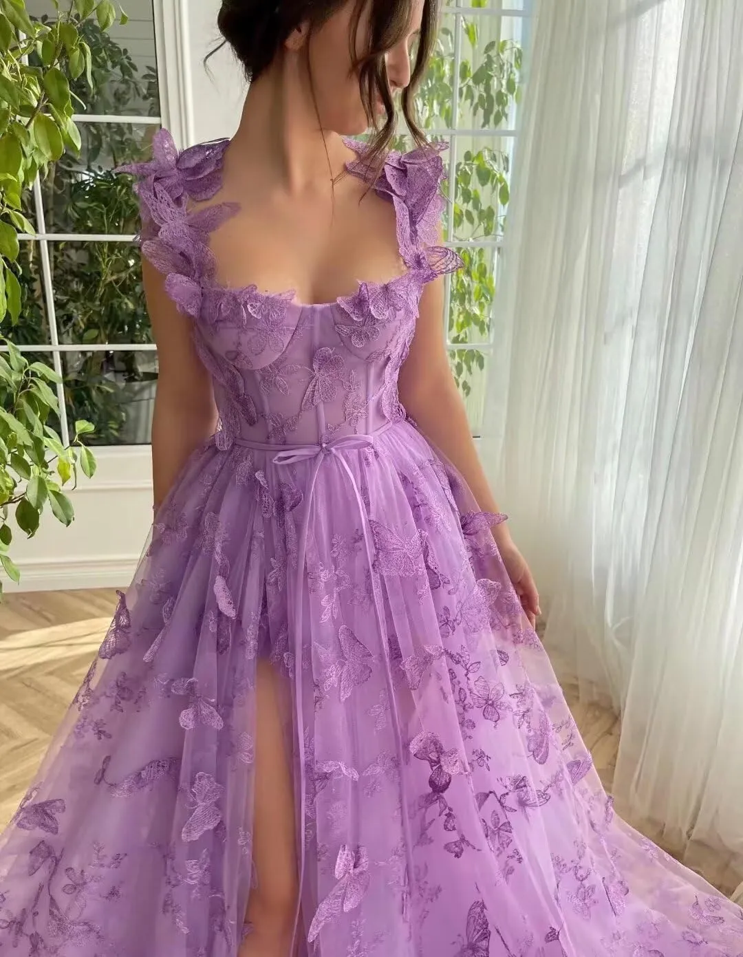 GARDOM 3D Butterfly Tulle Prom Dresses with Slit Fairy Ball Gown Lace Appliques Evening Formal Party Dress with Pockets Long