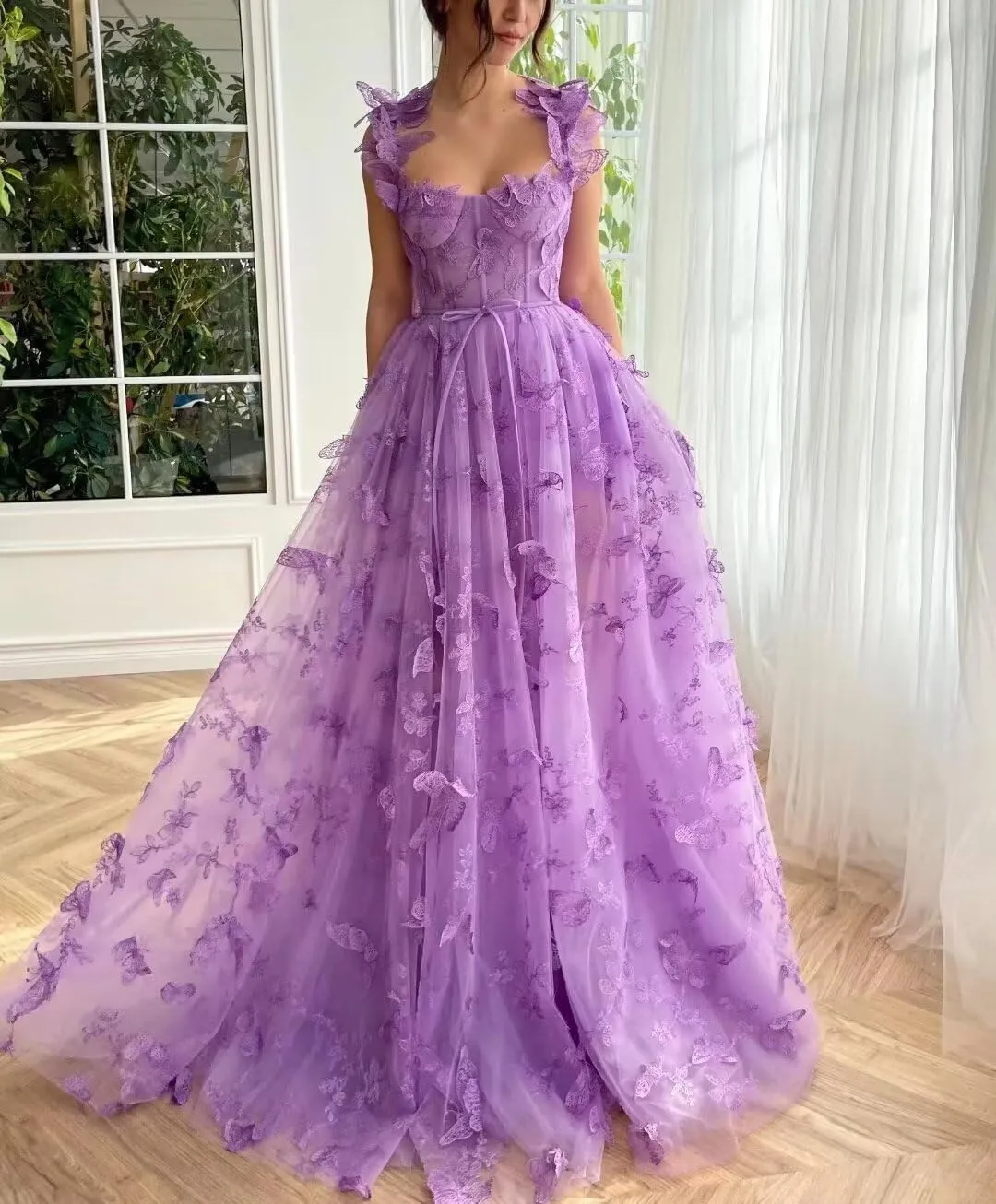 GARDOM 3D Butterfly Tulle Prom Dresses with Slit Fairy Ball Gown Lace Appliques Evening Formal Party Dress with Pockets Long