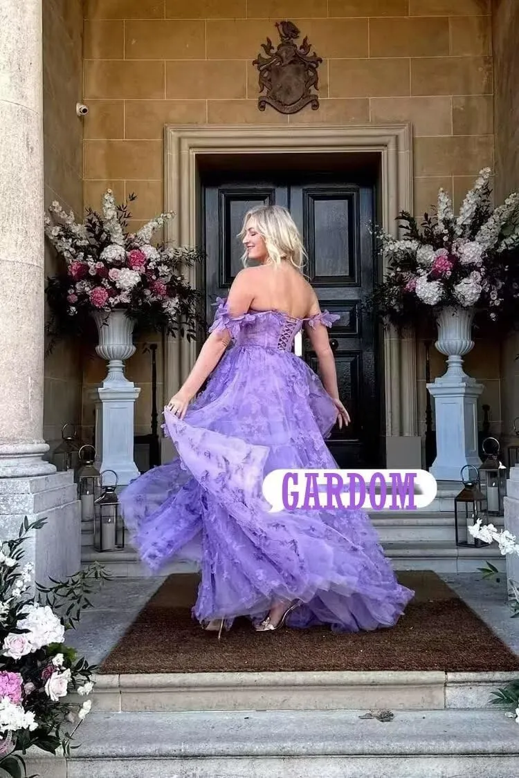 GARDOM 3D Butterfly Tulle Prom Dresses with Slit Fairy Ball Gown Lace Appliques Evening Formal Party Dress with Pockets Long