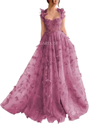 GARDOM 3D Butterfly Tulle Prom Dresses with Slit Fairy Ball Gown Lace Appliques Evening Formal Party Dress with Pockets Long