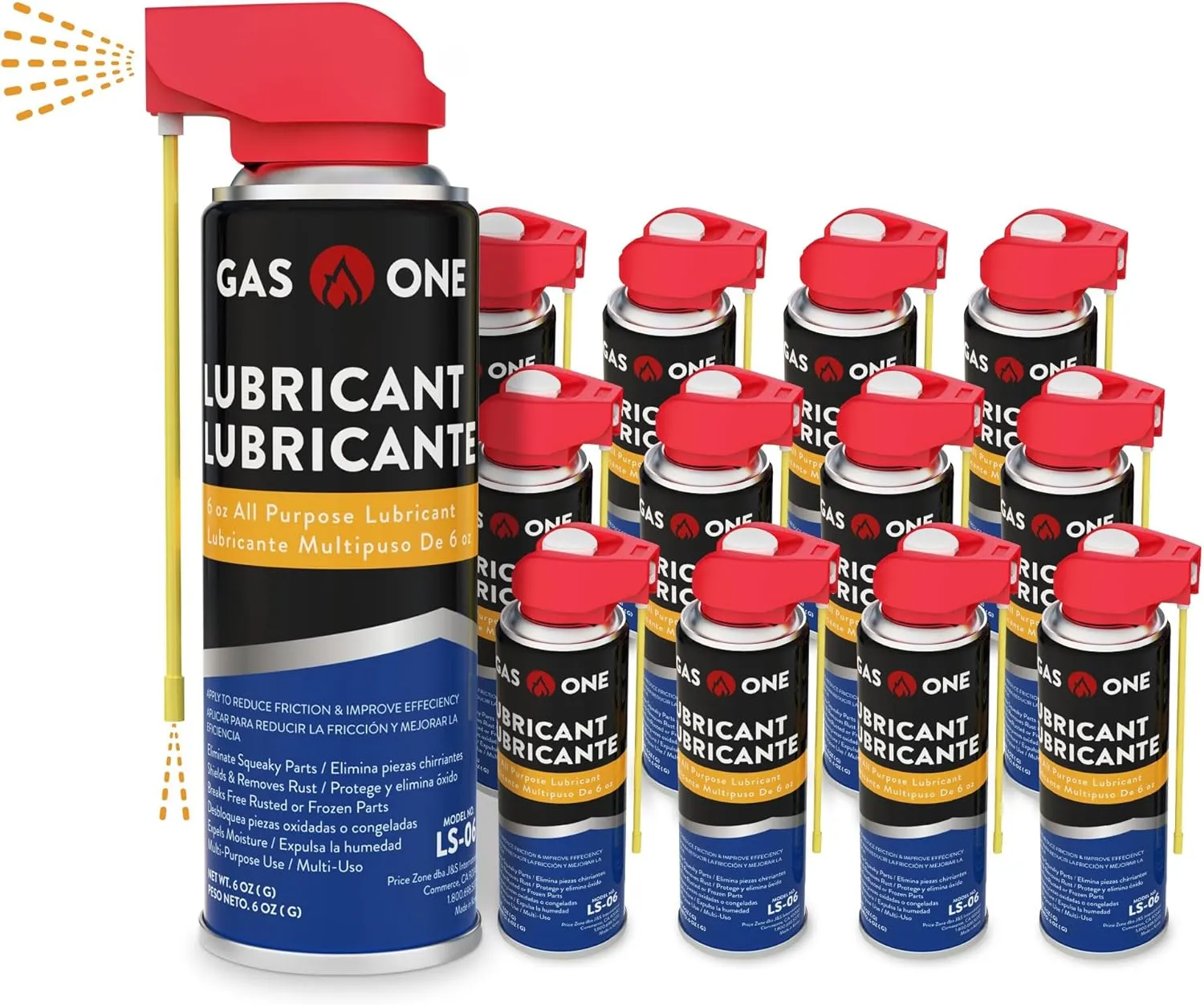 GasOne LS-06 All-Purpose Lubricant Spray – 12-Pack 6oz Lubricant Spray with Dual Spray Action Built-in Straw – Garage Door Lubricant Spray for Rust, Grease Removal, Lubrication