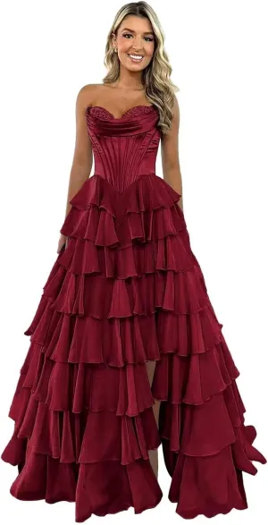 GATMAHE Tulle Floral Prom Dresses for Teens 2025 Tiererd Long Ball Gown Strapless Sweetheart Formal Evening Gowns with Slit