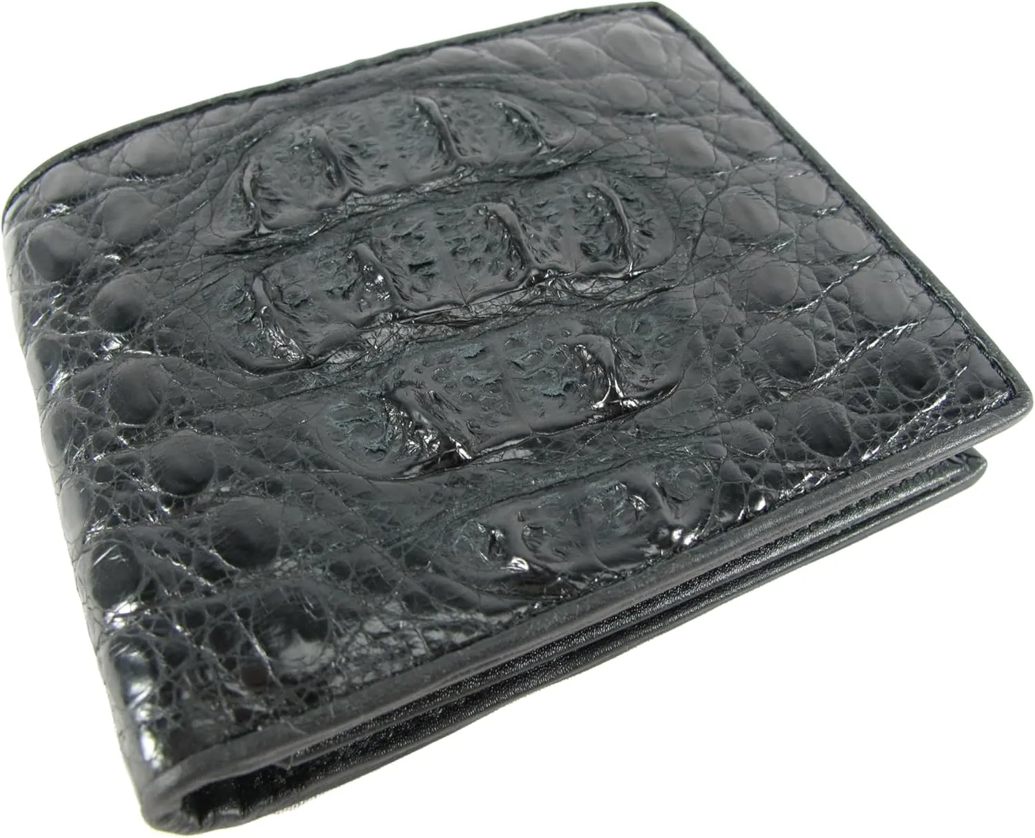 Genuine Crocodile Caiman Alligator Big Hornback Skin Leather Soft Bifold Wallet ([B3] - 8 Card Slots   1 ID Window   2 Compartments for Bills, Black)