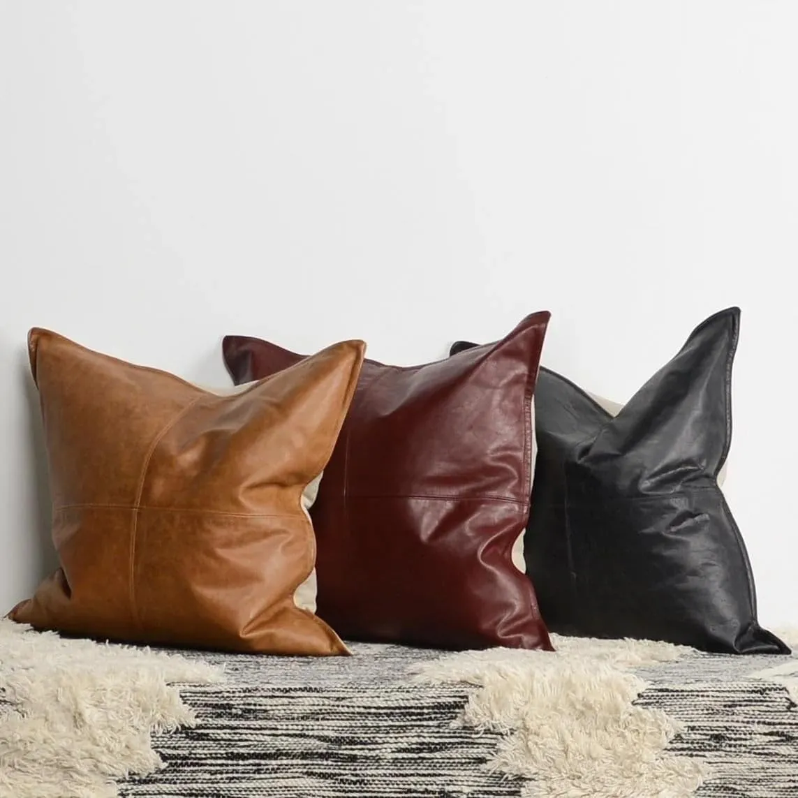 Genuine Leather Pillow Cover Case for Lumbar Throw Couch Pillows - Farmhouse Decorative Modern Sofa Thick & Soft Cushion Covers (Dark Brown, 18" x 18")
