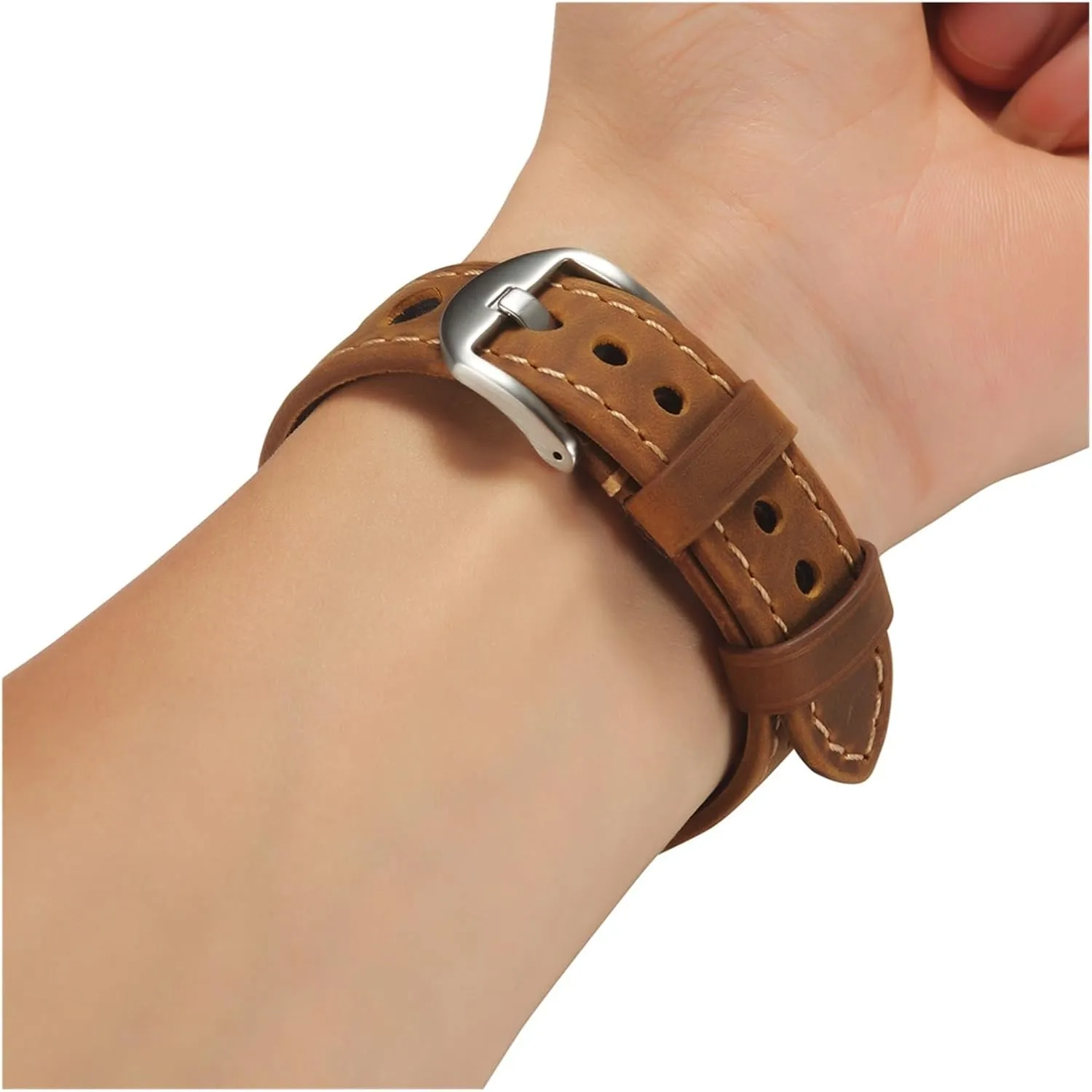 Genuine Leather Watch Strap Three Holes Breathable Soft Watch Band Strap with Buckle Cowhide Watch Belt Vintage Brown