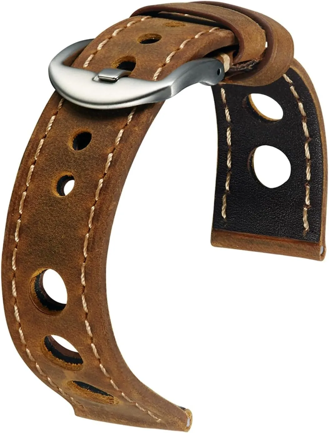 Genuine Leather Watch Strap Three Holes Breathable Soft Watch Band Strap with Buckle Cowhide Watch Belt Vintage Brown