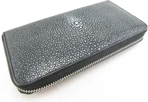 Genuine Polished Stingray Skin Women's Zip Around Clutch Wallet Purse (Black)