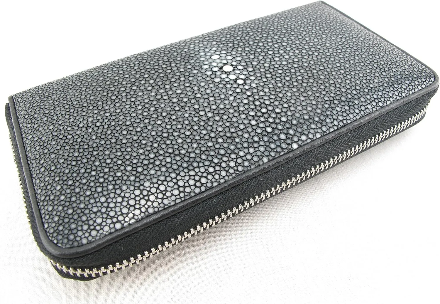 Genuine Polished Stingray Skin Women's Zip Around Clutch Wallet Purse (Black)