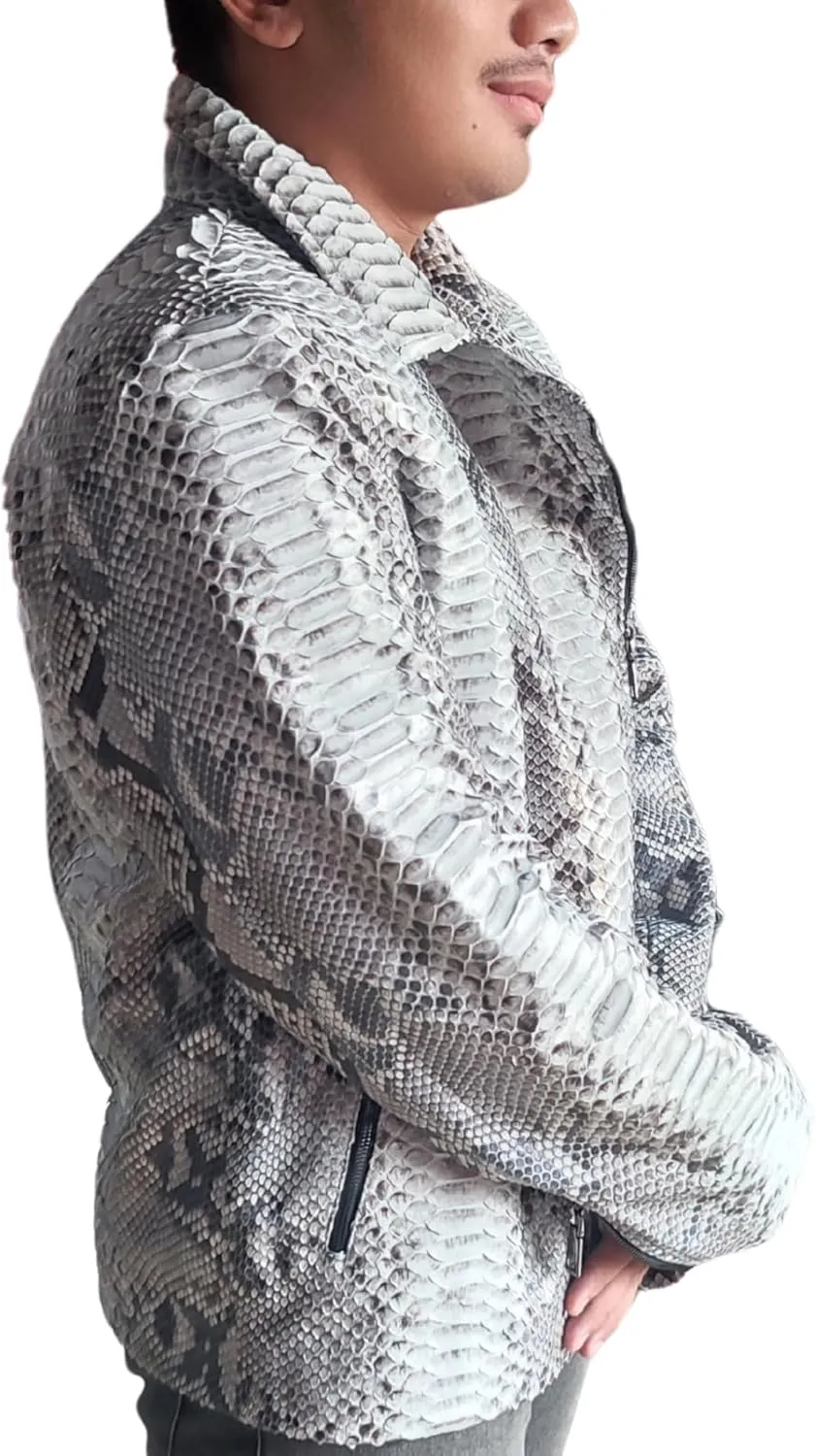 Genuine Python Snakeskin Leather Motorcycle Jacket - Natural Gray Color