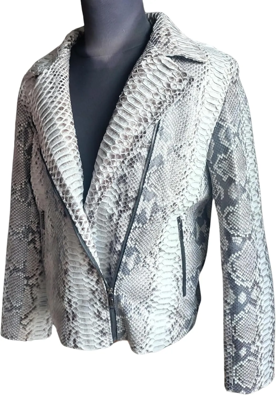 Genuine Python Snakeskin Leather Motorcycle Jacket - Natural Gray Color