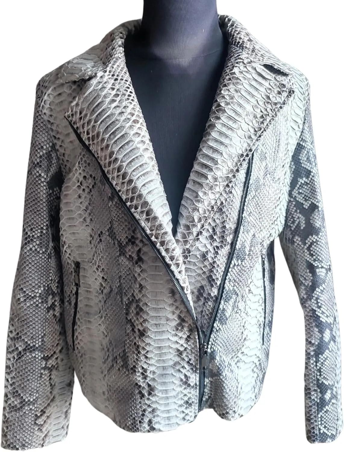 Genuine Python Snakeskin Leather Motorcycle Jacket - Natural Gray Color