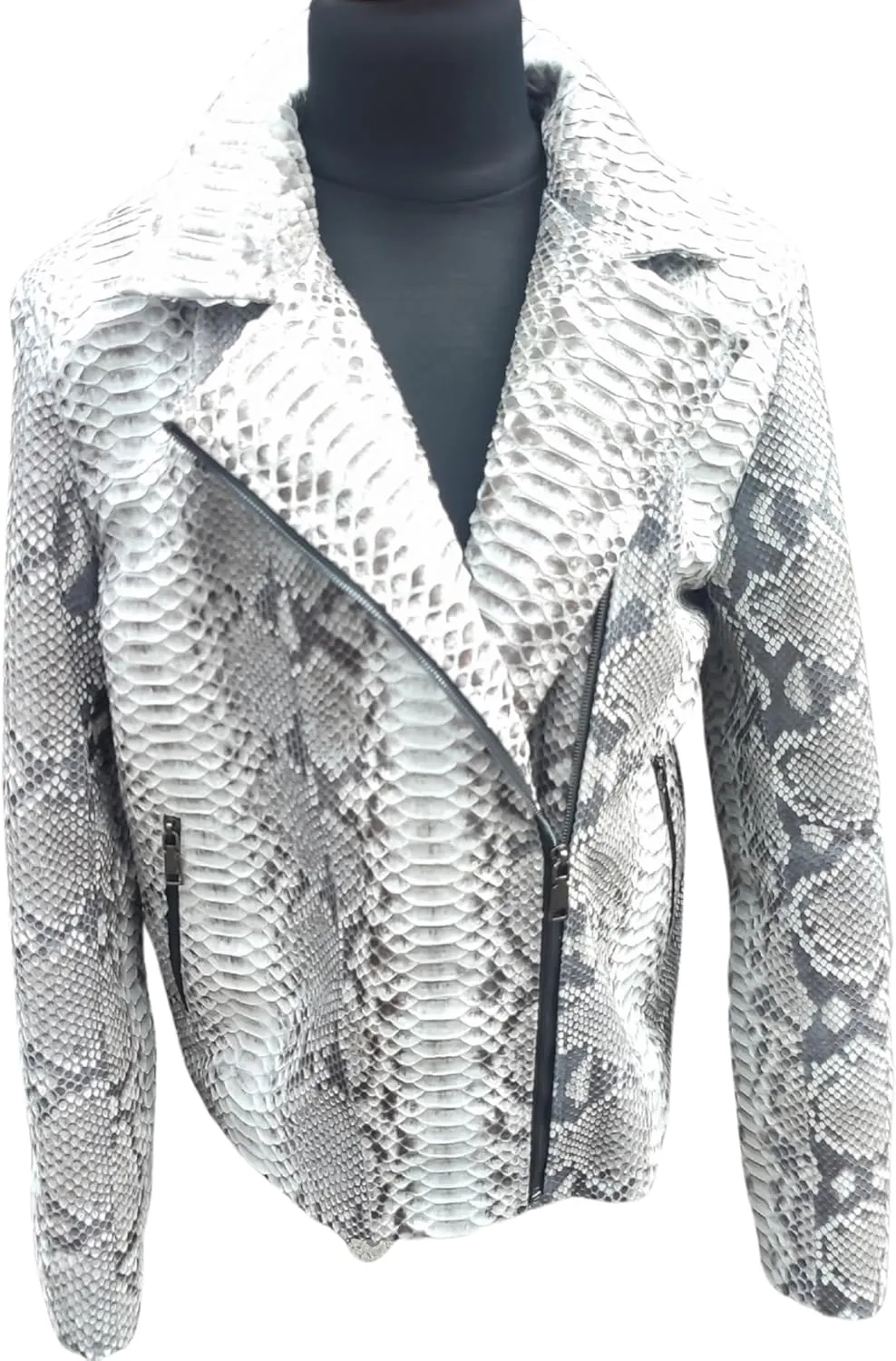Genuine Python Snakeskin Leather Motorcycle Jacket - Natural Gray Color