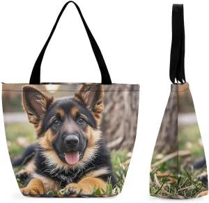 German Shepherd Puppy Tote Bag Shoulder Shopping Bag Reusable Grocery Bag for Travel Work Friendship Gift