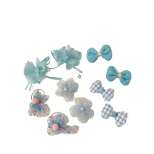 Girls Hair Accessories Set, Blue Floral Bows and Clips, 10 Pieces