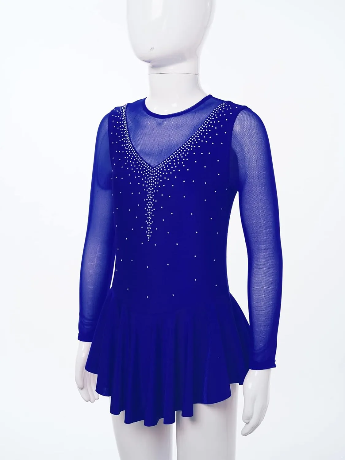 Girls Long Sleeves Sequins Mesh Patchwork Gymnastics Ballet Dance Dress Figure Ice Skating Dress